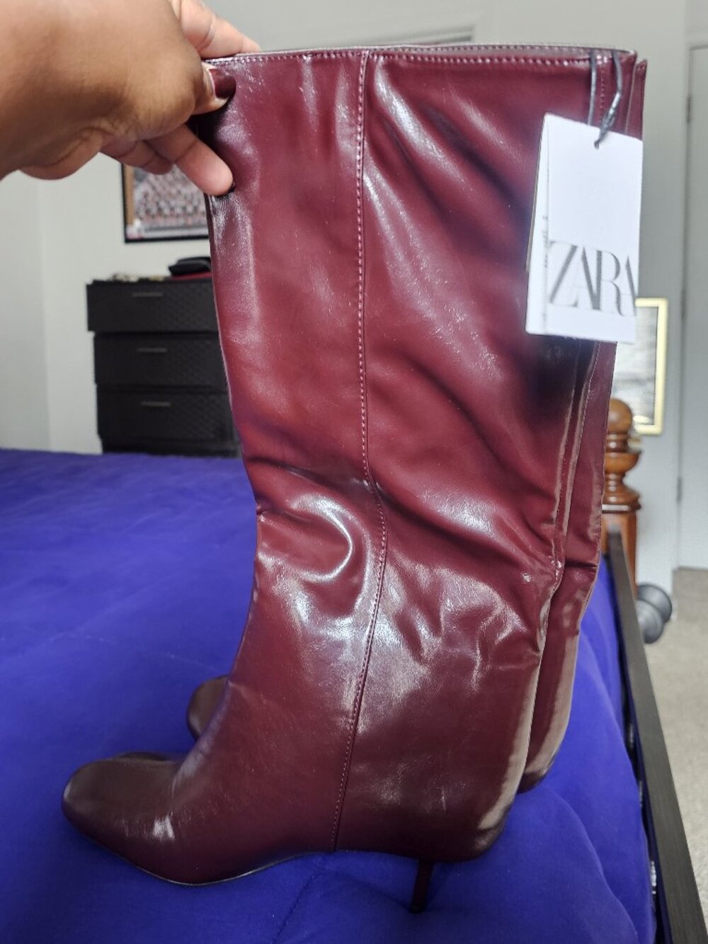 ZARA BURGUNDY TALL SHAFT THIN HEELED BOOTS